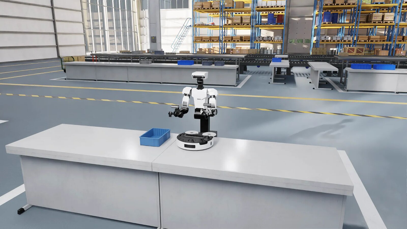 Lightwheel official site: humanoid robot in a simulated warehouse environment
